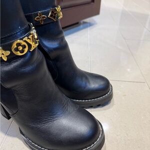 Luxury Inspired Black Leather Boots with Gold Accents